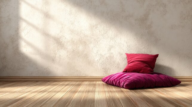 Soft Cushion Resting on Light Wood Floor With Beam of Light Hitting the Wall During a Quiet Moment in a Serene Space for Meditation and Relaxation