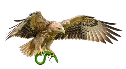 Obraz premium Predatory eagle flying with wide spread wings while gripping a green snake, realistic detail capturing power, tension, and natural hunting instinct in wildlife action.