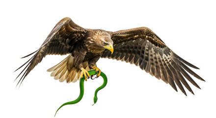 Fototapeta premium Predatory eagle flying with wide spread wings while gripping a green snake, realistic detail capturing power, tension, and natural hunting instinct in wildlife action.