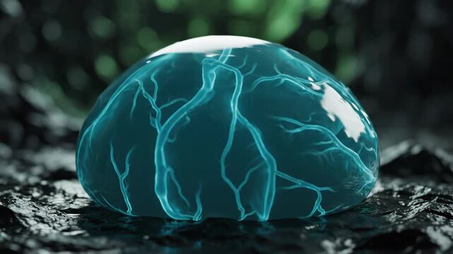 Close up of a glowing blue lightning ball on wet surface surrounded by dark natural environment