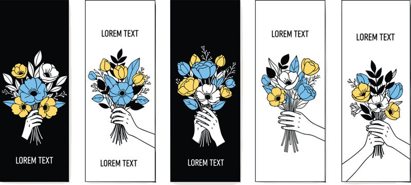 Hand holding a bouquet of blue and yellow flowers in a minimalist illustration style