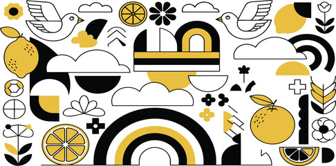 Obraz premium Vibrant illustration of abstract shapes and fruits in a lively composition featuring birds and clouds from a direct viewpoint