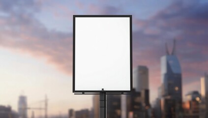 Fototapeta premium white blank poster frame standing on blur night city panoramic background for show content,product,text and mock up design concept
