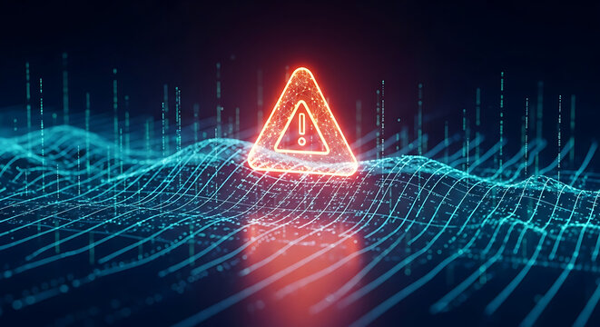 Glowing triangular alert icon on a luminous digital wave surface representing cybersecurity threat hunting warning notification and network vulnerability detection in a dark futuristic background