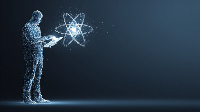 Abstract low poly wireframe man holding a tablet displaying AI chip and floating nuclear atom hologram, futuristic technology innovation concept