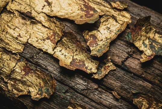 Macro photography texture of ancient gold leaf peeling off from old wooden surface showing economy decay