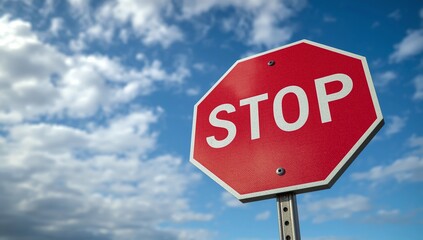 Obraz premium Red stop sign against blue cloudy sky background. Traffic regulatory warning sign