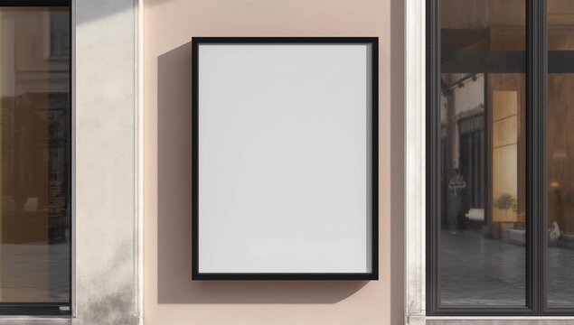 Rectangular sign on the building. Copy space and space for text. Mockup for design. Blank template for advertising. White frame on a glass case. Advertising on the window of a restaurant or shop