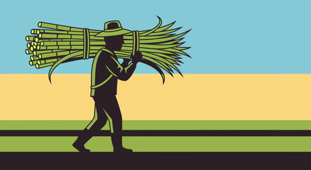 Farmer carrying harvested bundle of green crop across a stylized landscape © YLing