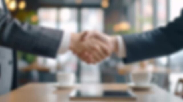 ぼかし背景素材: カフェで堅い握手を交わすスーツ姿の男性の手元　ビジネス、商談、契約イメージ