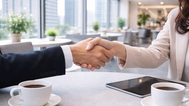 ビルのカフェで握手を交わすスーツ姿の女性と男性の手元　ビジネス、商談、契約イメージ