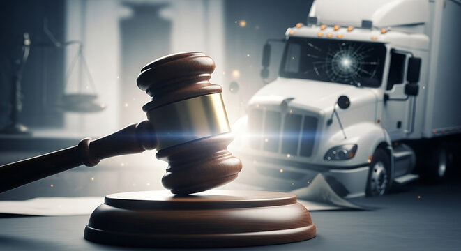 Wooden gavel rests beside a miniature semi truck trailer on a desk representing freight accident litigation, legal settlement, commercial vehicle liability, and personal injury compensation.