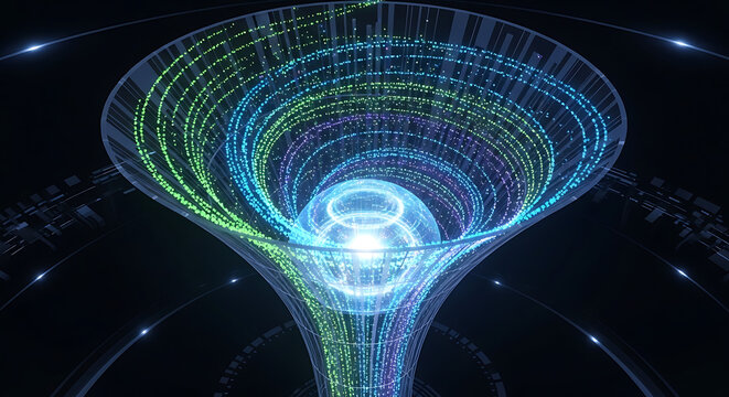 Futuristic digital light funnel illustrating complex data integration stream with luminous glowing particle point converging into a central vortex of advanced information processing technology.