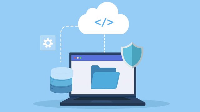 Flat vector animation showing cloud coding and secure data backup with laptop, server storage, network connection, and cybersecurity protection concept.
