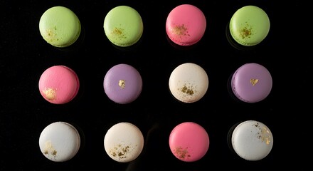 Assorted colorful macarons arranged in grid pattern on black background, viewed from directly above, showcasing variety of pastel hues and decorations.