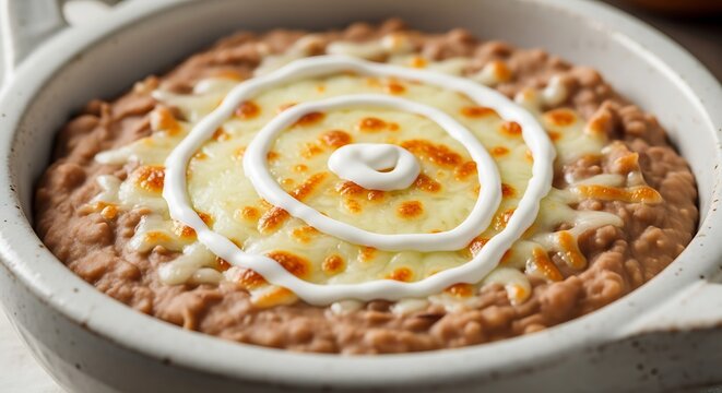 Authentic Mexican refried beans (frijoles refritos) topped with cheese and crema.