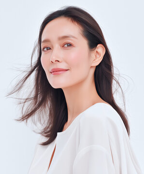 日本人, 女性, 50代, 40代, ミドル, シニア, 美容, スキンケア, エイジングケア, 健康, ライフスタイル, 美人, ナチュラル, 清潔感, 透明感, 白背景, コピースペース, 広告素材, 信頼感, 微笑み, ウェルビーイング, 上半身, 視線, ポニーテール, 化粧品, エステ, 自己肯定感, オーセンティック, ポジティブエイジング, 日本, ウェルエイジング, サプリメント,