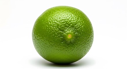 A single green lime is centered on a white surface viewed from directly above with a slight shadow underneath