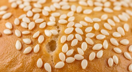 Close-up view of a sesame seed bun with a hole, showcasing texture and detail in a food photograph