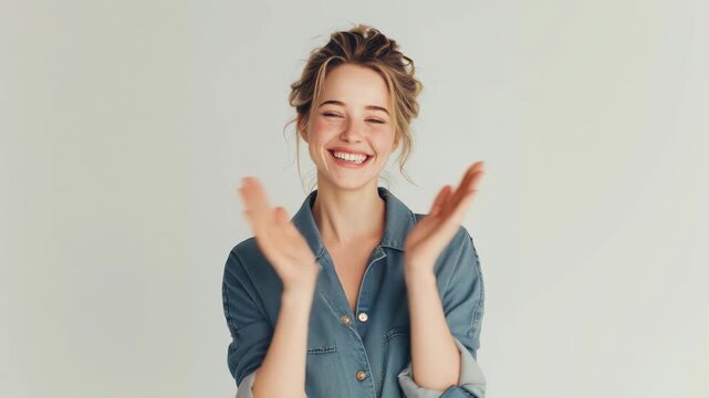 Smiling woman clapping hands, celebrating success