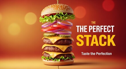 A towering burger stack with multiple patties and condiments, viewed from the front, highlighting the layers of food and toppings.