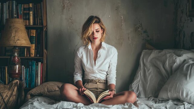 Woman reading a book while sitting on bed, peaceful home lifestyle