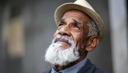 Close-up portrait of a thoughtful senior African American man with white beard and straw hat looking up