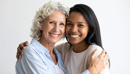 Happy diverse senior mother and adult daughter embracing and smiling, representing family bond and intergenerational love.