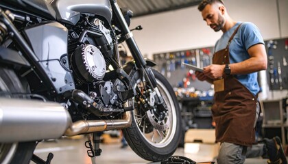 Mechanic inspecting motorcycle in workshop.