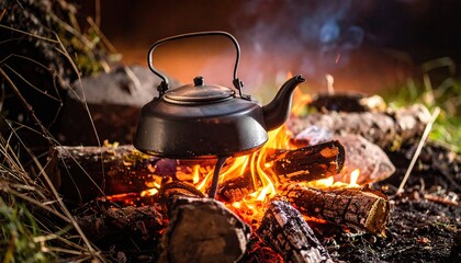 Vintage black kettle boiling water over a campfire while camping, surrounded by logs and glowing embers in an outdoor setting.