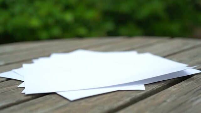 Stack of blank white papers on a wooden table outdoors.