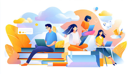 Creative vector illustration of distance education and online learning, modern e-learning concept, students using laptops and tablets, digital classroom