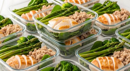 Healthy meal prep containers filled with salmon, broccoli, and quinoa, arranged neatly on a clean surface, viewed from directly above.