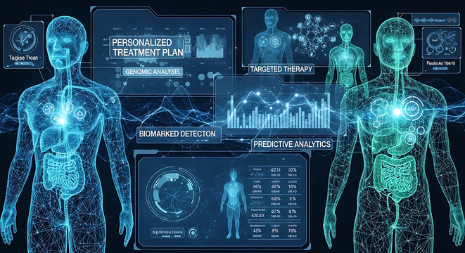 Glowing digital human silhouette holographic medical interface data analysis virtual healthcare biometric scanning precision diagnostic futuristic personalized medicine technology system
