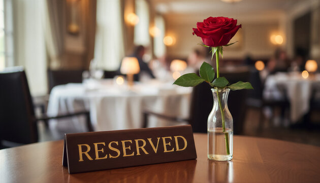 Reserved table in a fine dining restaurant with a red rose and elegant setting
