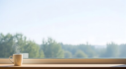 A serene cup on a windowsill with a scenic view of lush green trees outside on a bright day