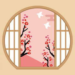 Woodcut Style Plum Blossom Branch Vector Template (No Text) | Japanese Botanical Illustration
