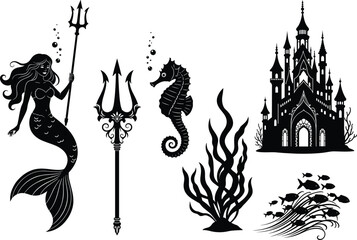 Black silhouette vector illustration of mermaid, seahorse, trident, castle, fish, and seaweed, underwater ocean fantasy scene, marine mythology design icons set © Samol