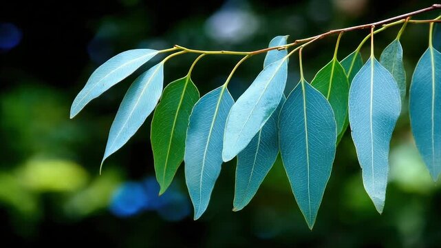 Branch of blue-green leaves with visible veins against a blurry, green and dark background