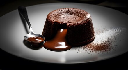 A chocolate lava cake on a white plate with a spoon, surrounded by cocoa powder, viewed from above in a dimly lit setting whisk_9pck1b_via_RJ_Whisk_Auto