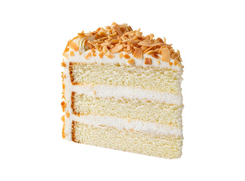 Clipart slice of white cake with toasted coconut flakes on top and white frosting isolated on transparent background