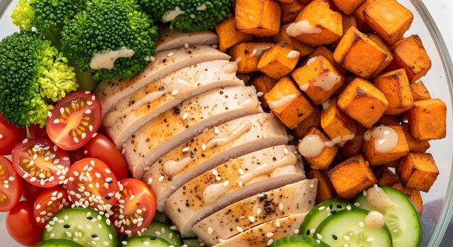 A healthy meal setup with grilled chicken, vegetables, and sweet potatoes arranged on a plate, viewed from directly above.