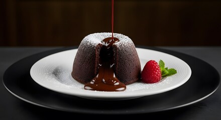 A chocolate lava cake on a white plate with a raspberry garnish being drizzled with sauce