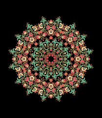Colorful laced decorative rosette - mandala with floral motif, on dark background	