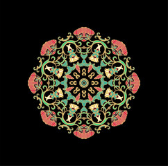 Colorful laced decorative rosette - mandala with floral motif, on dark background	