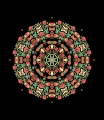 Colorful laced decorative rosette - mandala with floral motif, on dark background	