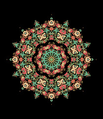 Colorful laced decorative rosette - mandala with floral motif, on dark background	