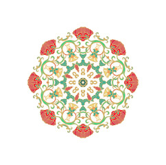 Colorful laced decorative rosette - mandala with floral motif, on white background	