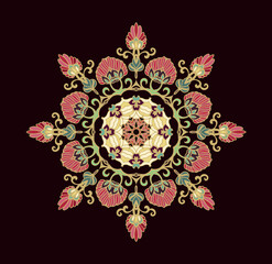 Colorful laced decorative rosette - mandala with floral motif, on dark background	