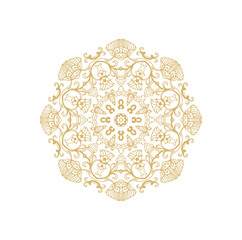 Golden decorative rosette - mandala with floral motif, on white background	